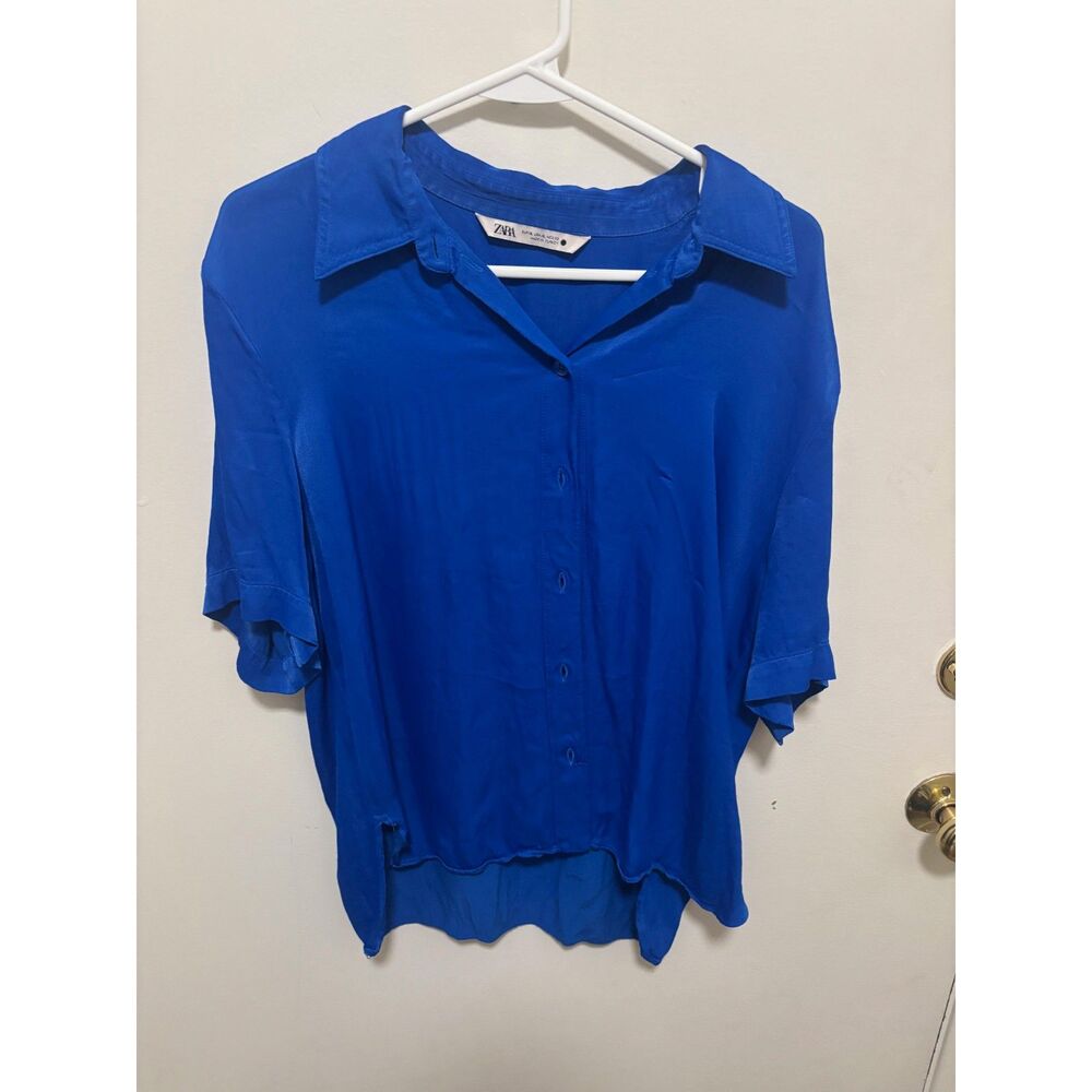 Zara Cobalt Blue Button Up Flowy Blouse Top